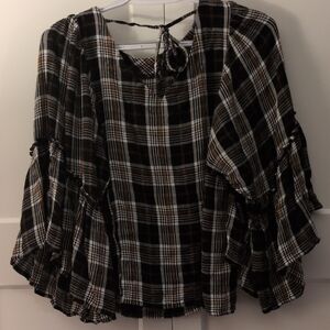 Maurices Black and White Plaid Blouse with Ruffle Sleeves